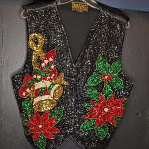 EUC Vintage Holiday Christmas Sequin Vest Ugly Glam Pointsettias 1980s